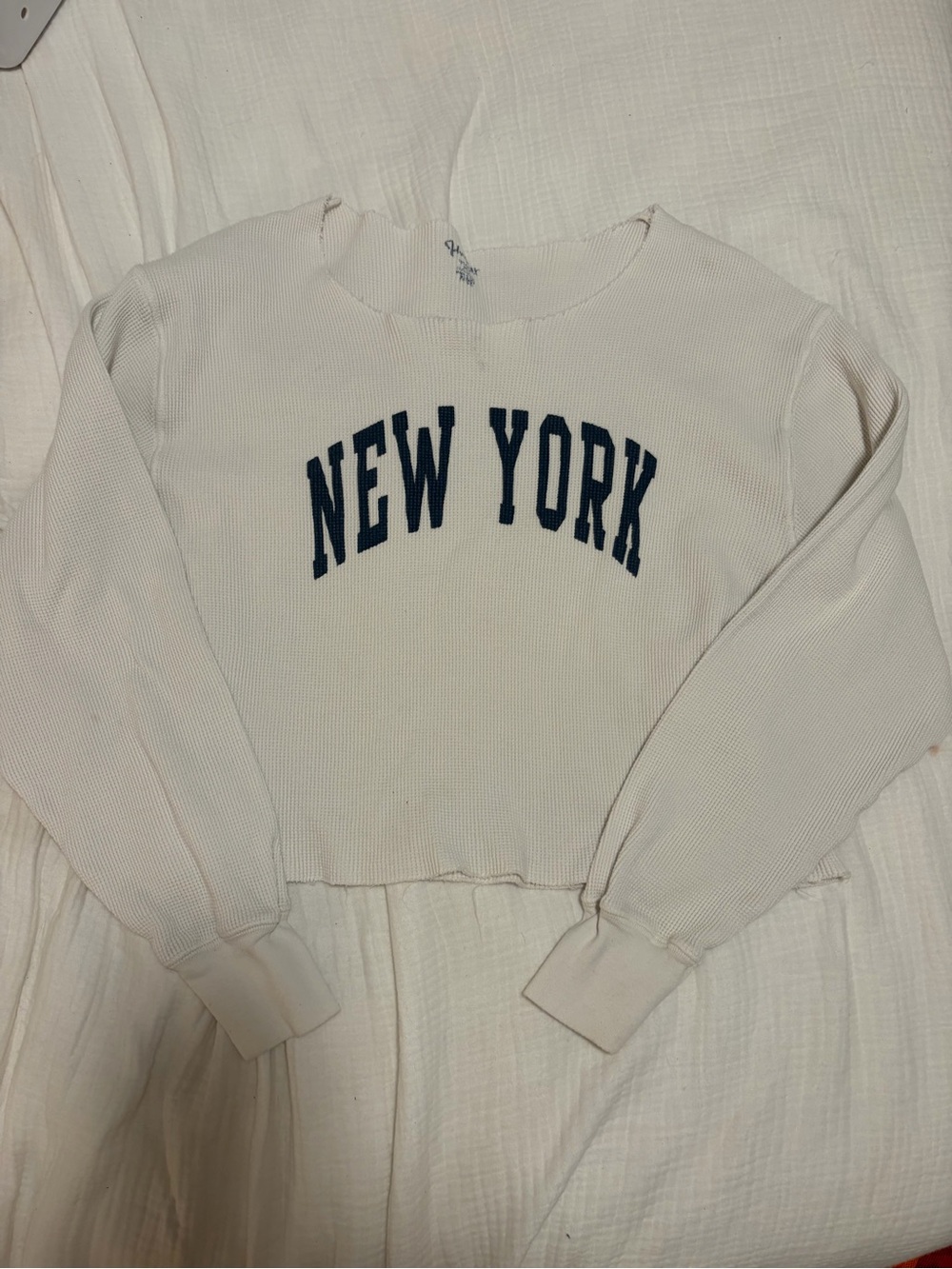 Brandy Melville Cream Cropped Thermal Top with Navy NEW YORK Logo